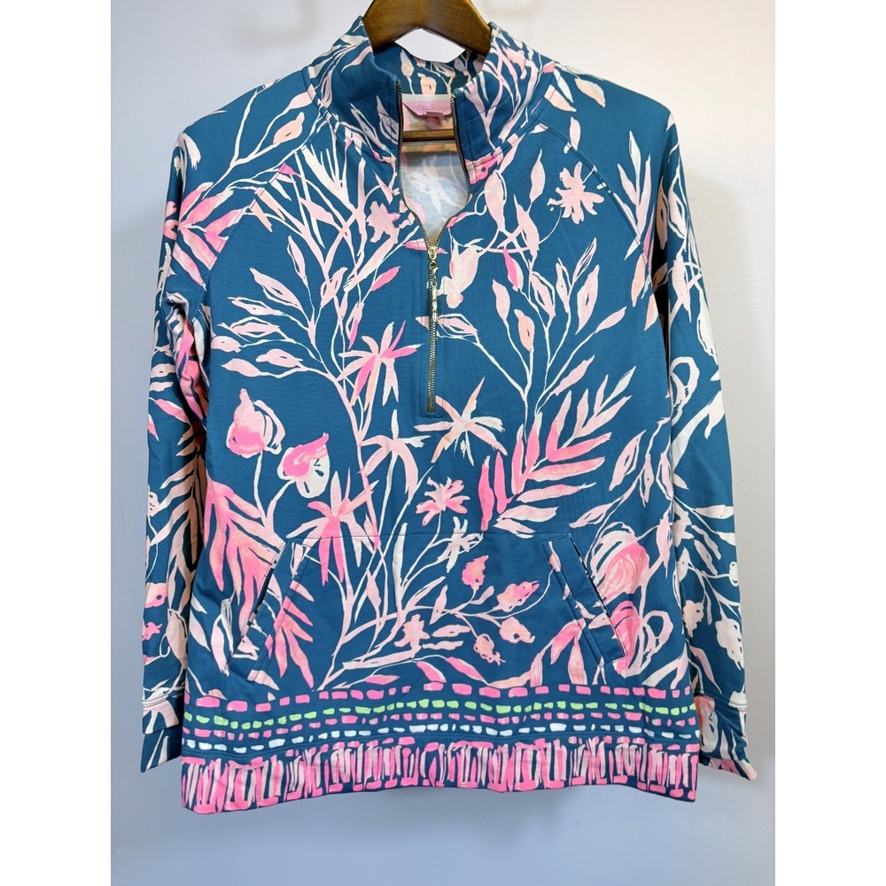 LILLY PULITZER Womens Skipper Half Zip Popover Prime Time Teal Monkey Print Med.